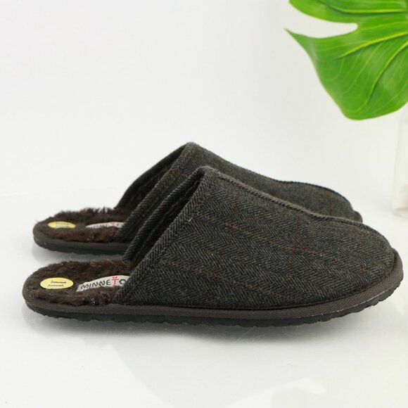 Minnetonka Mens Slipper Size 11 Dark Gray Wool Ghingham Plaid Sherpa Lined Shoe - Picture 5 of 12
